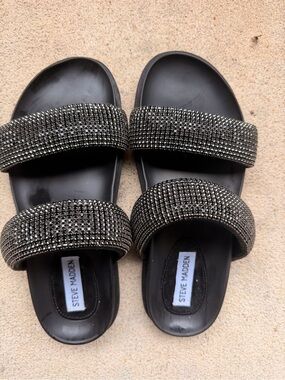 Steve Madden Black Rhinestone Double-Strap Slide Sandals
size 8